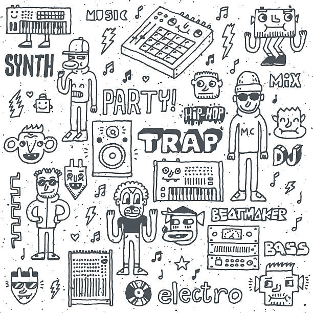 ilustraciones, imágenes clip art, dibujos animados e iconos de stock de música electrónica funny estrambótica estilo doodle conjunto 1. - drum & bass