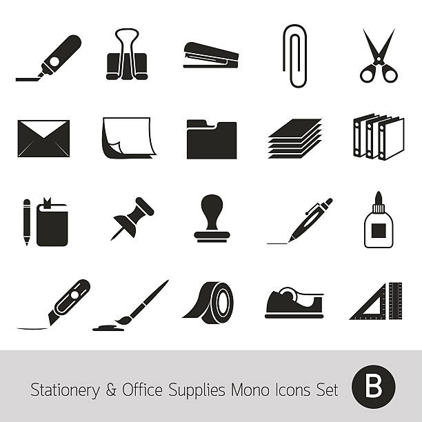 büromaterialien und schreibwaren objekte mono-icons set b - stempel büromaterial stock-grafiken, -clipart, -cartoons und -symbole
