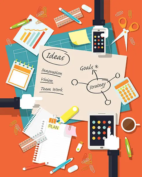 Vector illustration of Hands of Office Worker and Supplies with Stationery