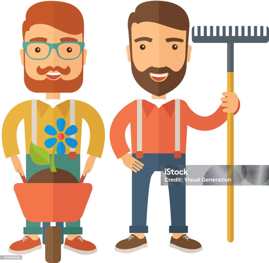 Two men with wheelbarrow and rake A two smiling gardener carries a plant in wheelbarrow and holding a rake. A Contemporary style. Vector flat design illustration isolated white background. Square layout 2015 stock vector