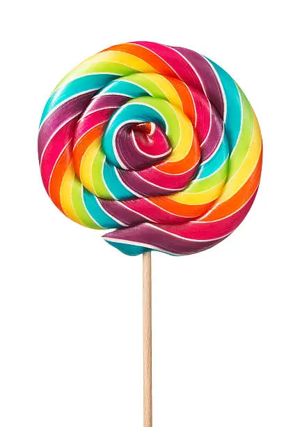 Close up of colorful, handmade spiral lollipop isolated on white background