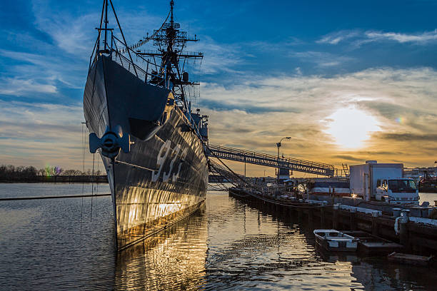Sunset over USS Barry destroyer at the Washington Navy Yard stock photo