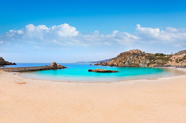 Cartagena Cala Cortina beach in Murcia Spain Cartagena Cala Cortina beach in Mediterranean Murcia at Spain murcia province stock pictures, royalty-free photos & images