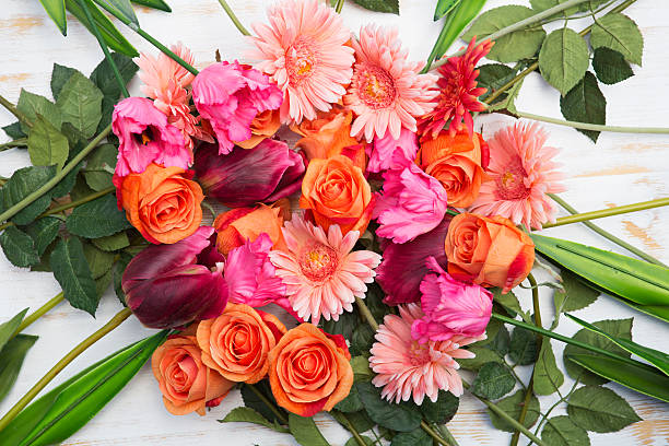 incrível mistura de rosas e gerberas e túlipas - bouquet tulip greeting card gerbera daisy imagens e fotografias de stock