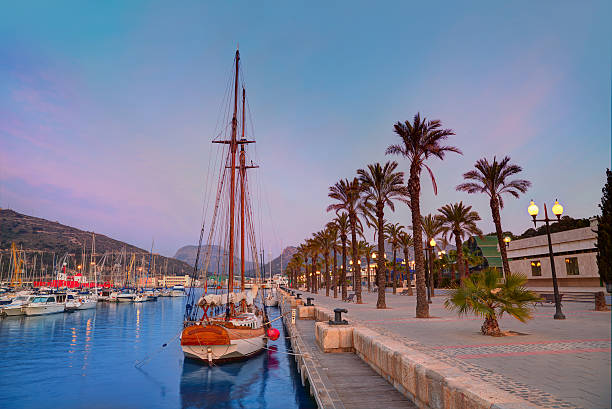 Cartagena Murcia port marina sunrise in Spain Cartagena Murcia port marina sunrise in Mediterranean Spain murcia stock pictures, royalty-free photos & images