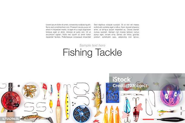 Fishing Tackle On White Background Stock Photo - Download Image Now - 2015,  Activity, Backgrounds - iStock