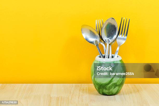 Beautiful Retro Kitchen Enamelware Spoon And Fork Vintage Kitchen Stock Photo - Download Image Now