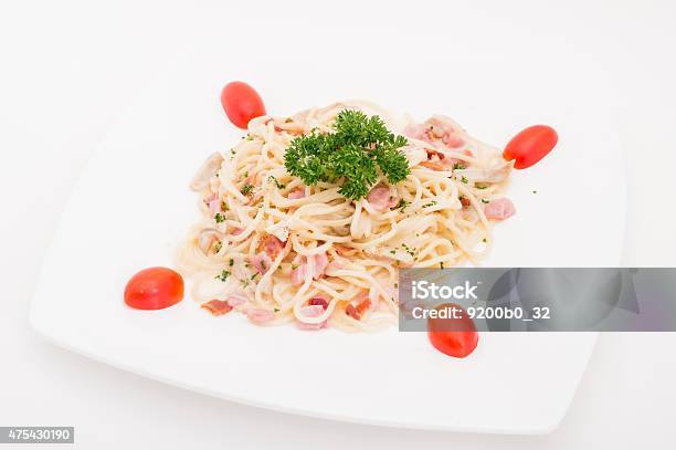 Pasta Carbonara With Ham And Cheese Stock Photo - Download Image Now - 2015, Backgrounds, Bacon