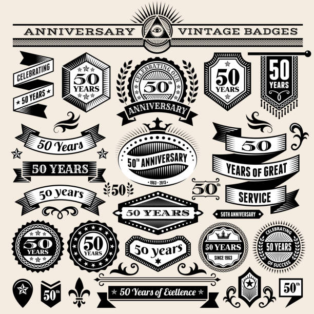 fifty year anniversary hand-drawn royalty free vector background on paper. This image depicts a paper background with multiple fifty year anniversary announcement designs. The beige paper background serves a perfect backdrop for making the fifty year anniversary announcements look authentic and elegant. The fifty year anniversary hand-drawn design are unique and intricate in design and are ideal for your fifty year anniversary design announcements.