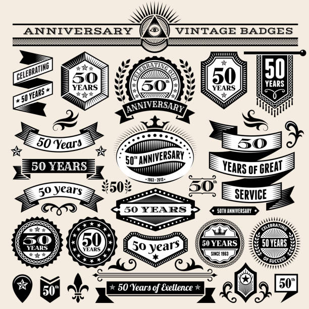 fifty year anniversary hand-drawn royalty free vector background on paper fifty year anniversary hand-drawn royalty free vector background on paper. This image depicts a paper background with multiple fifty year anniversary announcement designs. The beige paper background serves a perfect backdrop for making the fifty year anniversary announcements look authentic and elegant. The fifty year anniversary hand-drawn design are unique and intricate in design and are ideal for your fifty year anniversary design announcements. business development banner stock illustrations