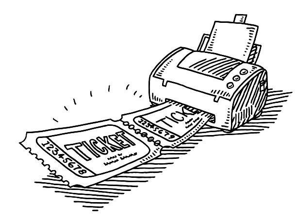 Ticket Printing At Home Drawing Hand-drawn vector drawing of a Computer Printer with two printed Tickets coming out of the slot. Ticket Printing At Home Technology. Black-and-White sketch on a transparent background (.eps-file). Included files are EPS (v10) and Hi-Res JPG. easy black and white drawing stock illustrations