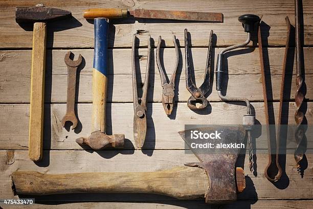 Helmet And Tools Hammer Stock Photo - Download Image Now - 2015, Carpenter, Chalkboard - Visual Aid