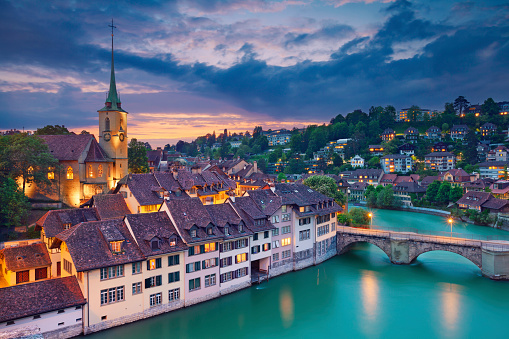 Image of Bern, capital city of Switzerland, during dramatic sunset.