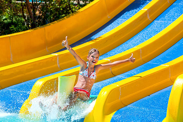 istock Child in bikini sliding water park 475440486