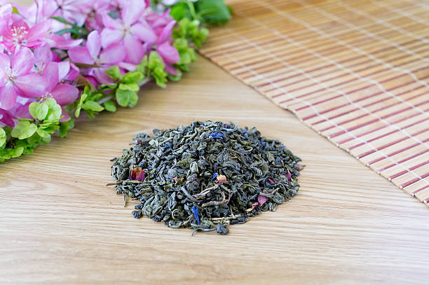 Blend of green tea on a table with colours.