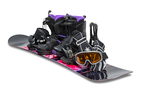 snowboard com sapatos, luvas e óculos de - snowboard boot imagens e fotografias de stock
