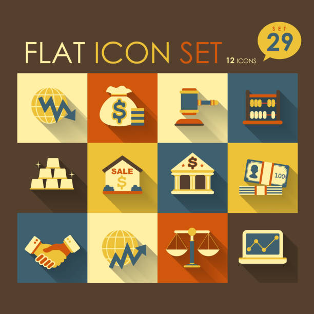 ilustrações de stock, clip art, desenhos animados e ícones de actividades económicas & conjunto de ícones financeiros - auction interface icons push button buy