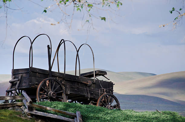istock Covered Wagon At Edge Of The Desert 475445014