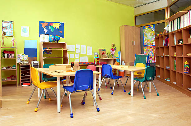 Kindergarten interior Colorful preschool tables with chairs and things for education preschool building stock pictures, royalty-free photos & images