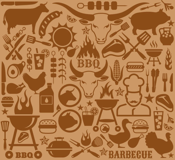 Icons with barbecue symbols vector design collection. Icons with barbecue symbols vector design collection. The barbecue illustrations are done in dark brown color on brown background. Images included in the symbols include a longhorn, barbecue grill, pig, a cow, a grill,chef,  grilling tools like a spatula and spit, and flames. The acronym "BBQ" and the work barbecue is also included. meat backgrounds stock illustrations