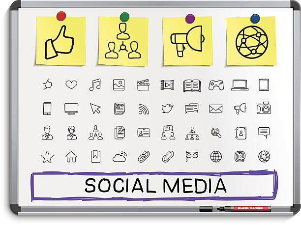 social-media-hand zeichnung linie-icons. - connection in a row striped globe stock-grafiken, -clipart, -cartoons und -symbole