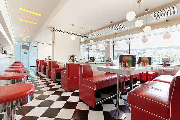 diner restaurant american diner restaurant style in black and white tiles and red booths checked pattern photos stock pictures, royalty-free photos & images