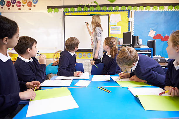 istock Pupils Sitting At Table As Teacher Stands By Whiteboard 475449567