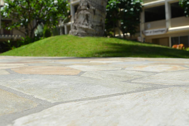 piso de baldosas geométricas aire libre con árbol y de construcción - tiled floor tile floor grout fotografías e imágenes de stock