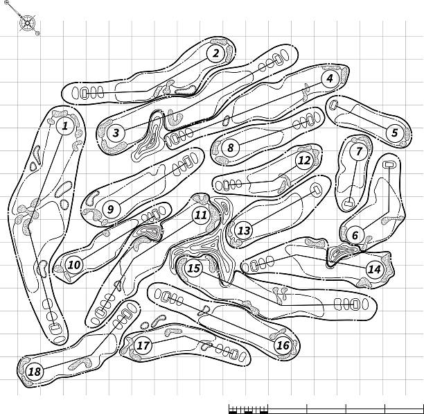 Golf course map layout drawing Golf course back ground layout. Black and white drawing blueprint. Abstract design golf course stock illustrations