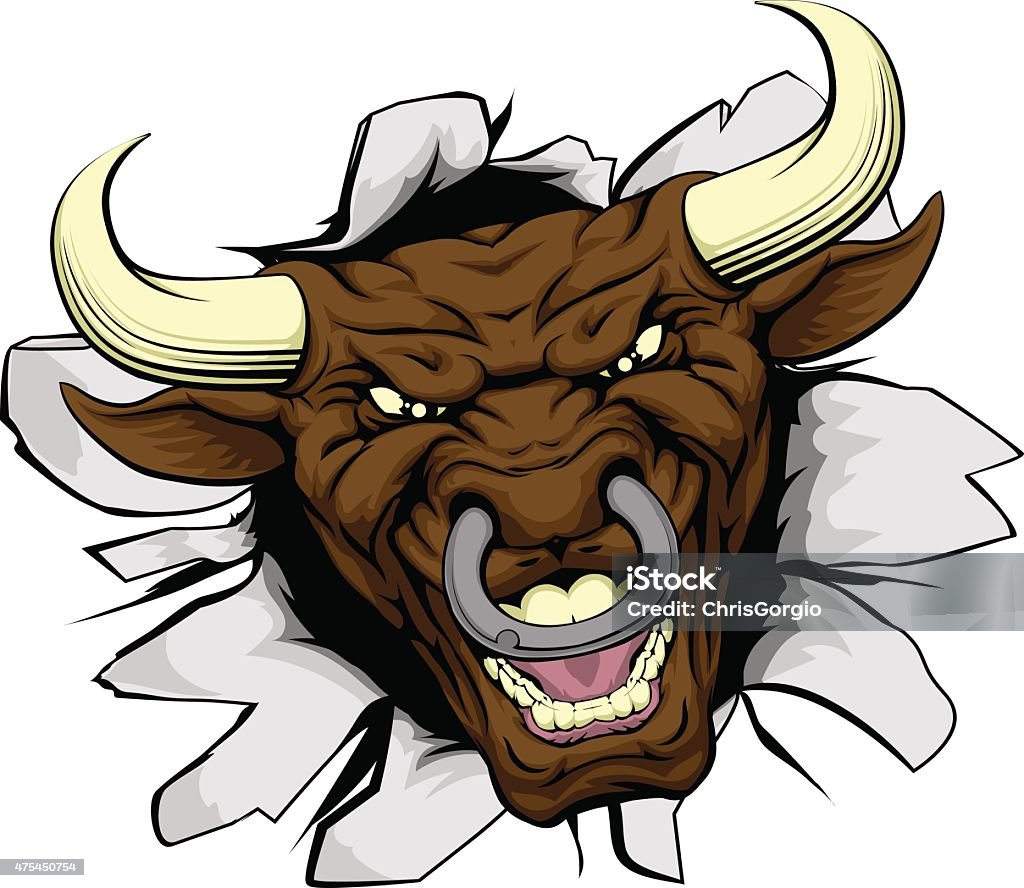 Bull mascot breakthrough An illustration of a cartoon tough bull character face tearing out of a wall Mascot stock vector