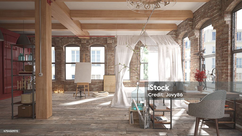 Rustic bedroom loft 3d render (using 3ds Max) Indoors Stock Photo
