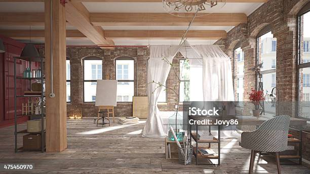 Rustic Bedroom Loft Stock Photo - Download Image Now - Indoors, Luxury, Retro Style