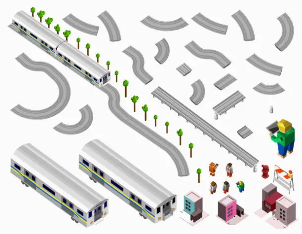 Vector illustration of set of vector elements isometric Railroad with train