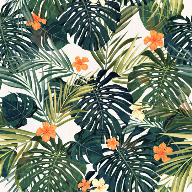 istock Bright colorful tropical seamless background with leaves and flowers 475452610