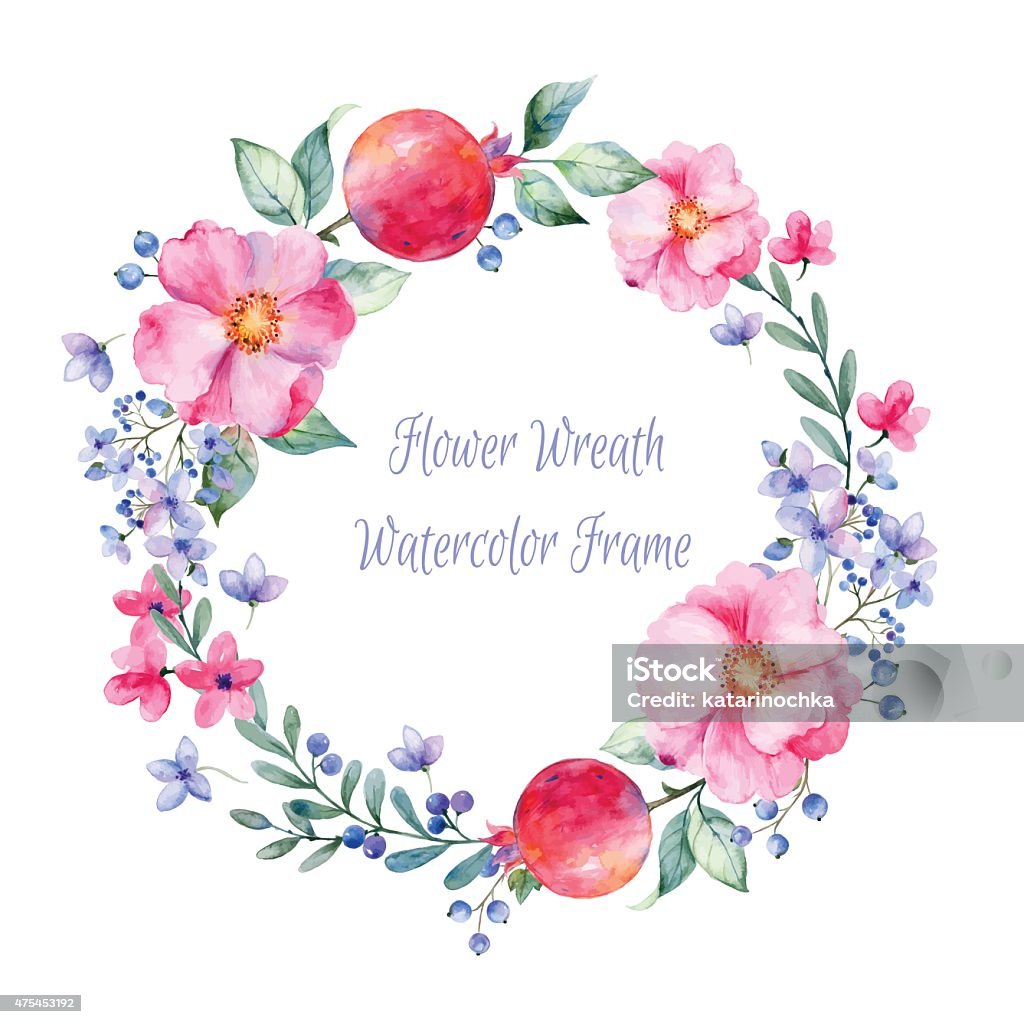 Vector round frame of watercolor roses. pomegranate and berries Vector round frame of watercolor roses. pomegranate and berries. Watercolor illustration wreath of flowers. Can be used as a greeting card for background birthday mother39s day and so on. Rose - Flower stock vector