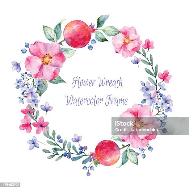 Vector Round Frame Of Watercolor Roses Pomegranate And Berries Stock Illustration - Download Image Now