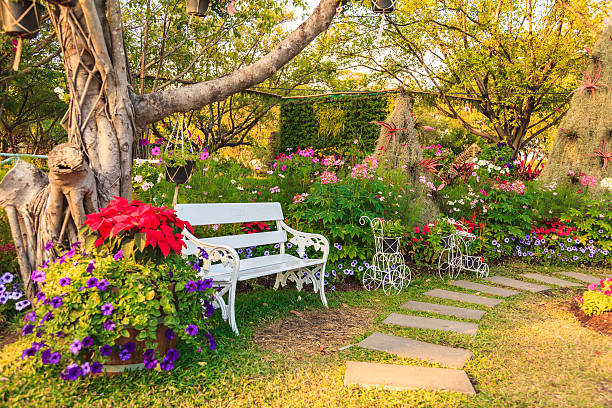 istock White chairs in the garden. 475453644