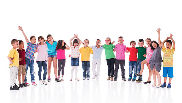 istock Large group of embraced little friends isolated on white. 475455262