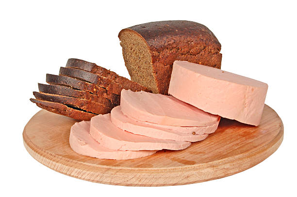 Doctor's sausage and the Borodino rye bread on white stock photo