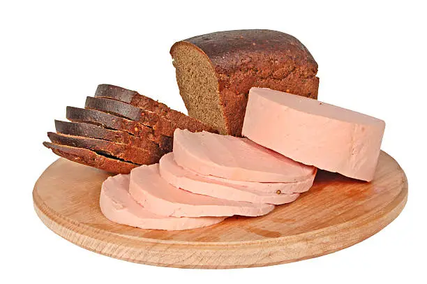 Doctor's sausage and the Borodino rye bread on a white background
