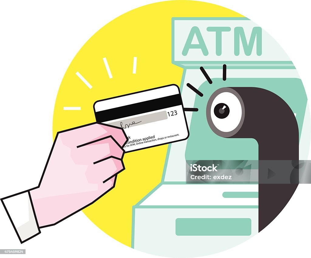 ATM booth spying A simplified hand holds a credit card which he is gonna use for ATM booth to withdraw money from there. But a spy is trying to steal his atm card information to steal his money.  This vector illustration can be used for any ATM service .  It has a vintage look.  ATM stock vector