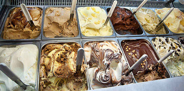 Display window of assorted ice cream flavors stock photo