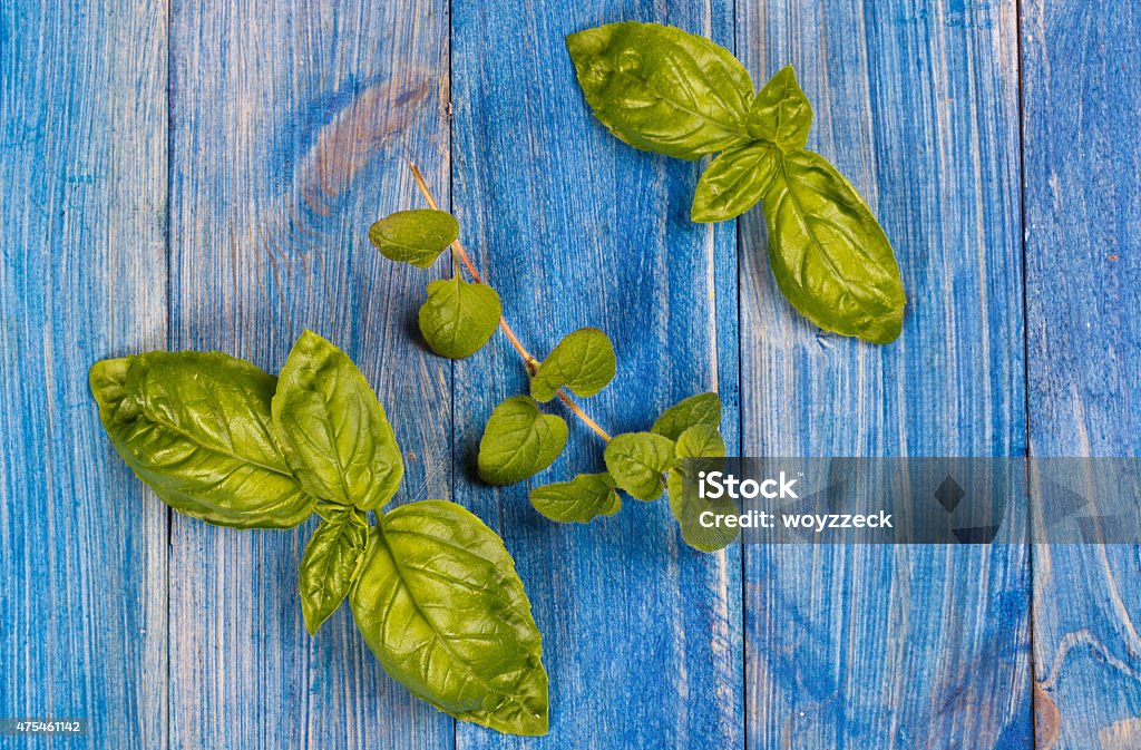 Basil and oregano Fresh green basil and oregano twigs lying on blue wooden table 2015 Stock Photo