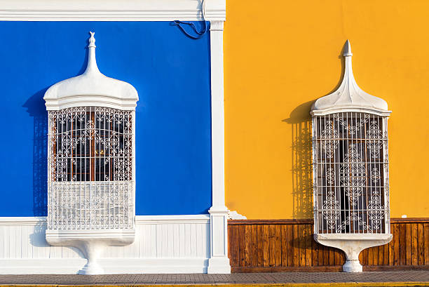 Blue and Yellow Architecture in Trujillo Blue and yellow colonial architecture in the historic center of Trujillo, Peru trujillo peru stock pictures, royalty-free photos & images
