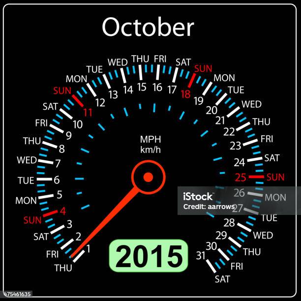 Calendario Contachilometri Auto A Ottobre - Immagini vettoriali stock e altre immagini di 2015 - 2015, Attività del Fine-Settimana, Attrezzatura per illuminazione