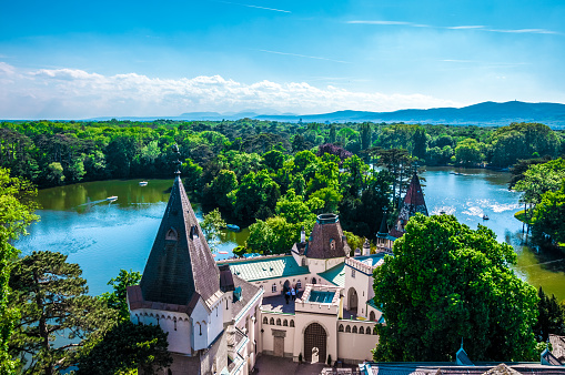 Laxenburg, Austria - May 16, 2015: Park area of castles Laxenburg, view from Franzensburg castle. Laxenburg castles are located outside Vienna, in the town of Laxenburg, Lower Austria.