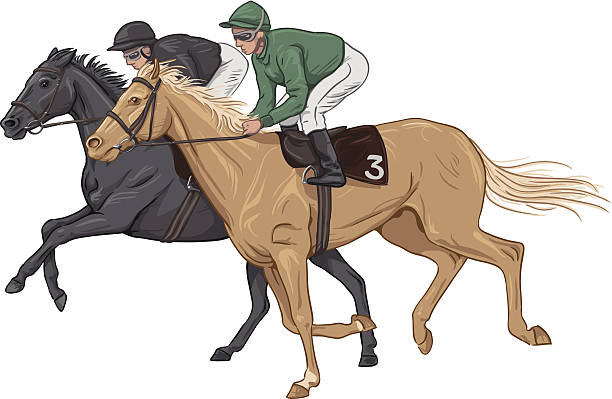 Two jockeys on their racehorses vector art illustration