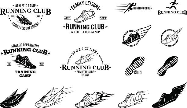 running club-etiketten, icons und design-elemente - running marathon jogging track event stock-grafiken, -clipart, -cartoons und -symbole