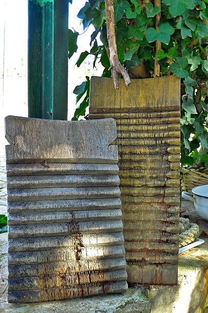 The old wooden washtub with traditional washboards for washing clothes