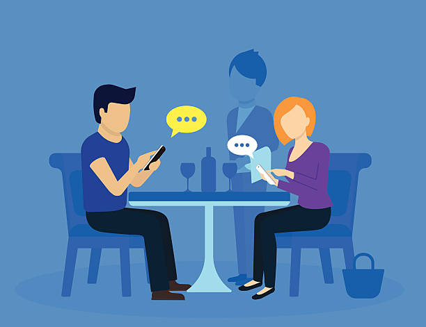 Young couple sitting in the restaurant Young couple sitting in the restaurant and using smartphones for social networks global girlfriend stock illustrations